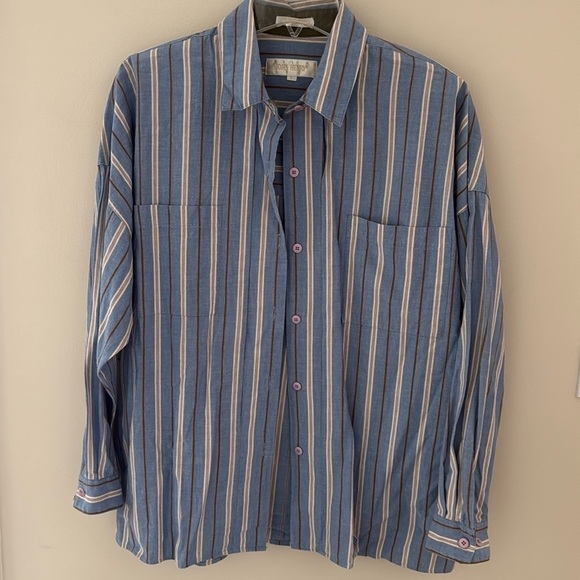 Vintage 80s John Henry Women Button Down Shirt Blouse Western Stripe Blue Tan L - Picture 1 of 8
